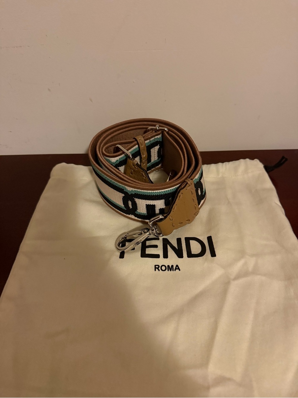 ****Price Firm*** Fendi Black, White & Tan Logo Webbing Strap with Turquoise Acc